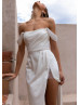 Ivory Satin Pearls Embellished Wedding Dress With Detachable Straps